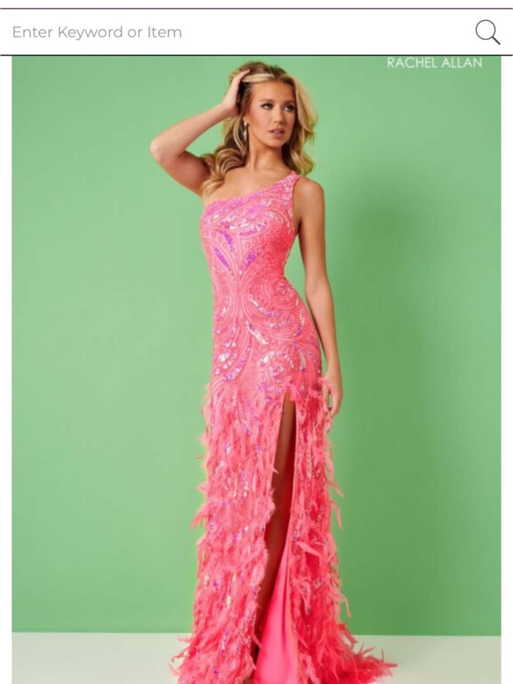 Rachel Allan Coral-Pink One-Shoulder Sequin & Feather Gown